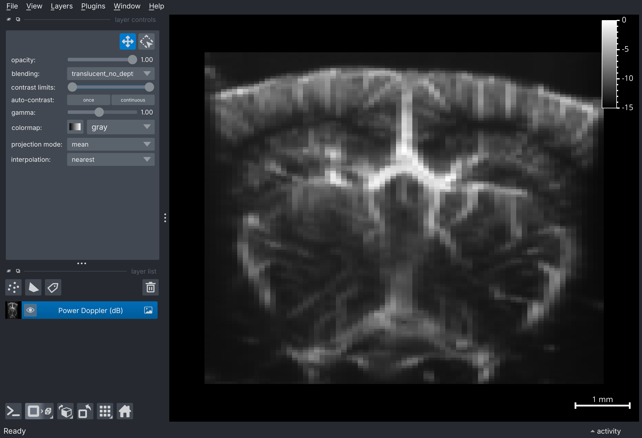 napari viewer with a 2D+t power Doppler dataset